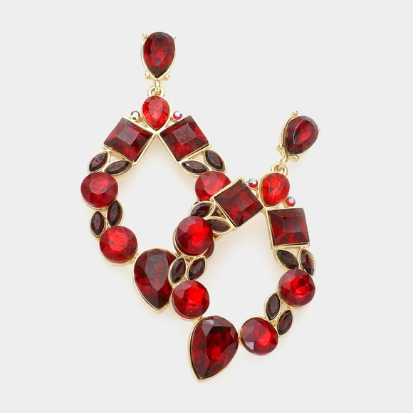 Gold Red Stone Dangle Earrings Square Teardrop Crystal Bling Statement Jewelry - Picture 1 of 2